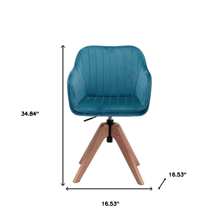 Tufted Teal Blue And Natural Velvet and Wood Dining Arm Chair Image 6