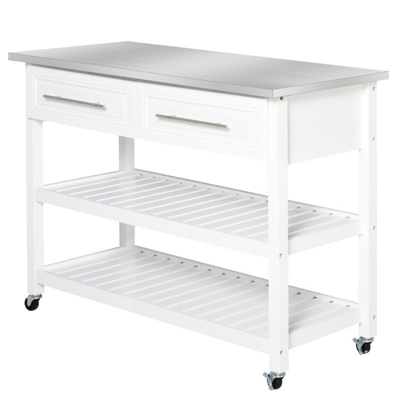 White Rolling Kitchen Island 2 Drawers Storage with Stainless Steel Top Image 1