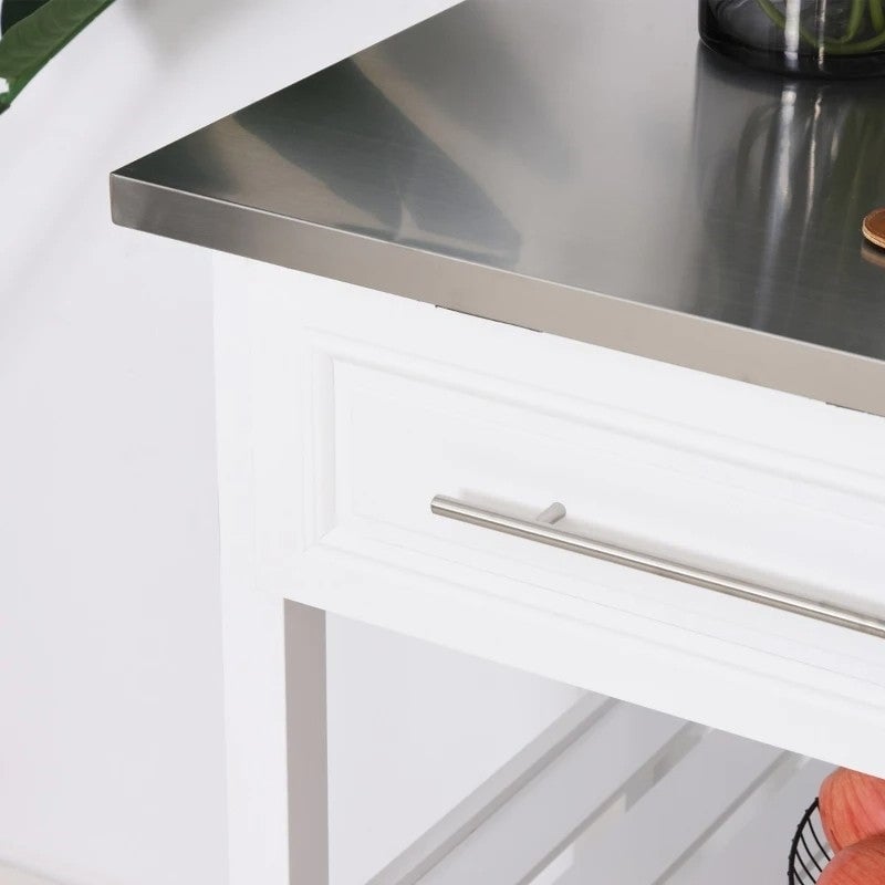 White Rolling Kitchen Island 2 Drawers Storage with Stainless Steel Top Image 2