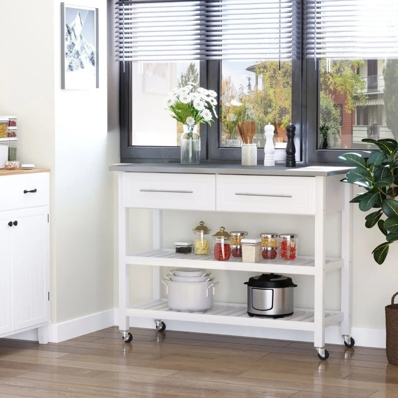 White Rolling Kitchen Island 2 Drawers Storage with Stainless Steel Top Image 3