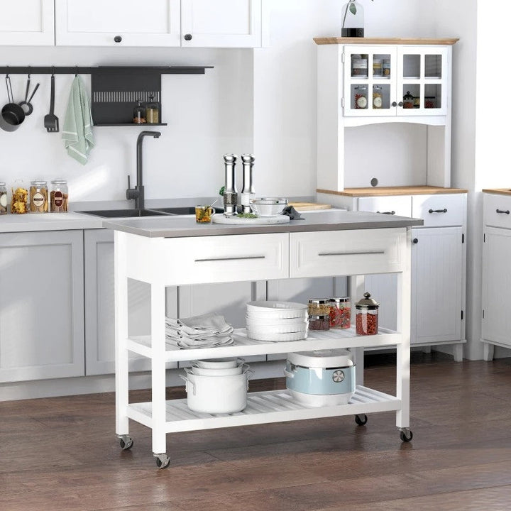 White Rolling Kitchen Island 2 Drawers Storage with Stainless Steel Top Image 4