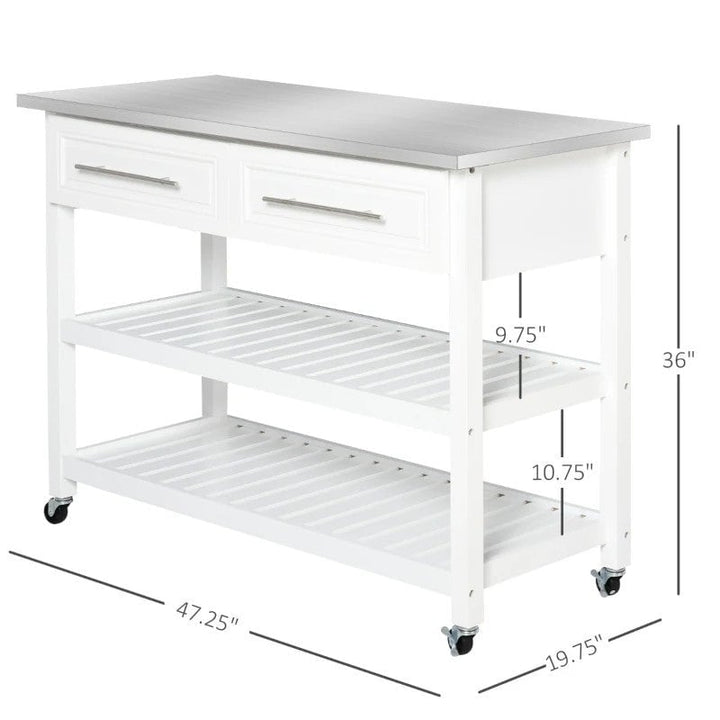 White Rolling Kitchen Island 2 Drawers Storage with Stainless Steel Top Image 5