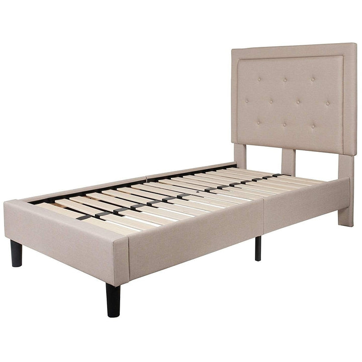 Twin Beige Fabric Upholstered Platform Bed with Button Tufted Headboard Image 1