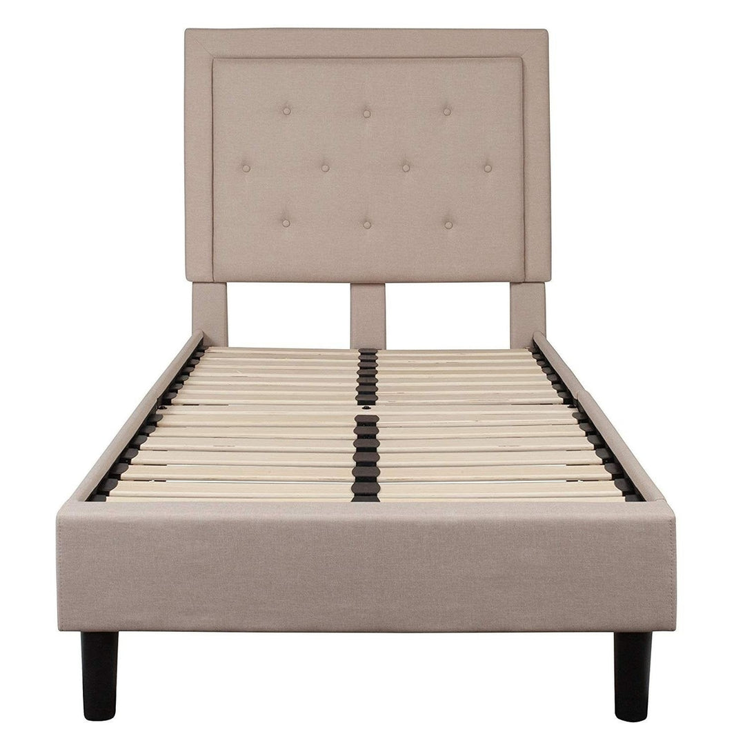 Twin Beige Fabric Upholstered Platform Bed with Button Tufted Headboard Image 2