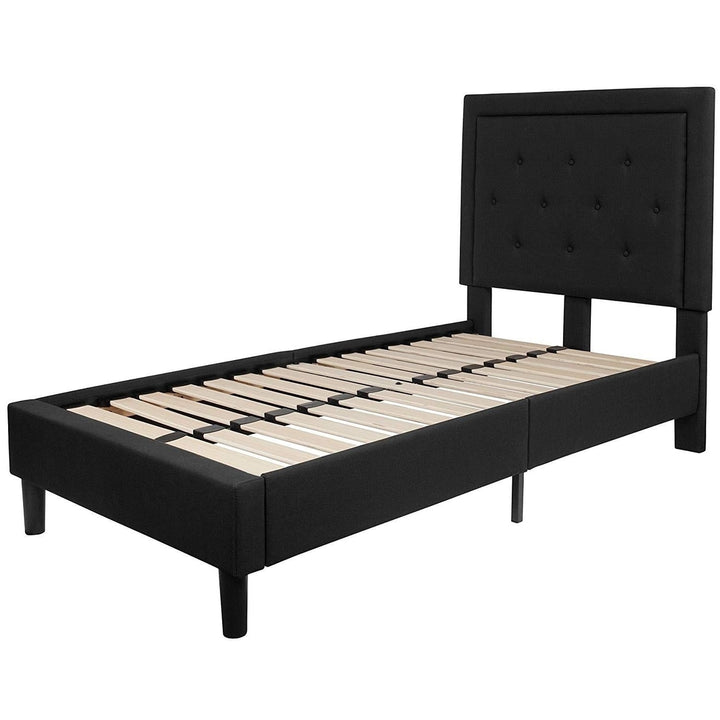 Twin Black Fabric Upholstered Platform Bed Frame with Tufted Headboard Image 1