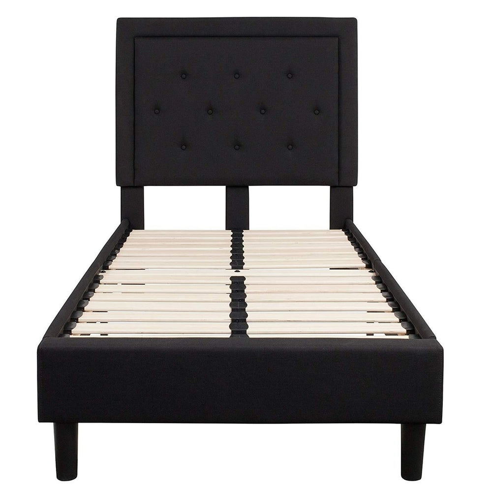 Twin Black Fabric Upholstered Platform Bed Frame with Tufted Headboard Image 2