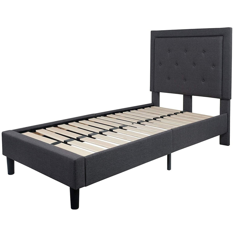 Twin Dark Gray Fabric Upholstered Platform Bed with Button Tufted Headboard Image 1