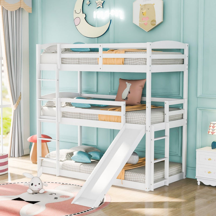 White Triple Bunk Twin Sized Bed with Slide Image 1