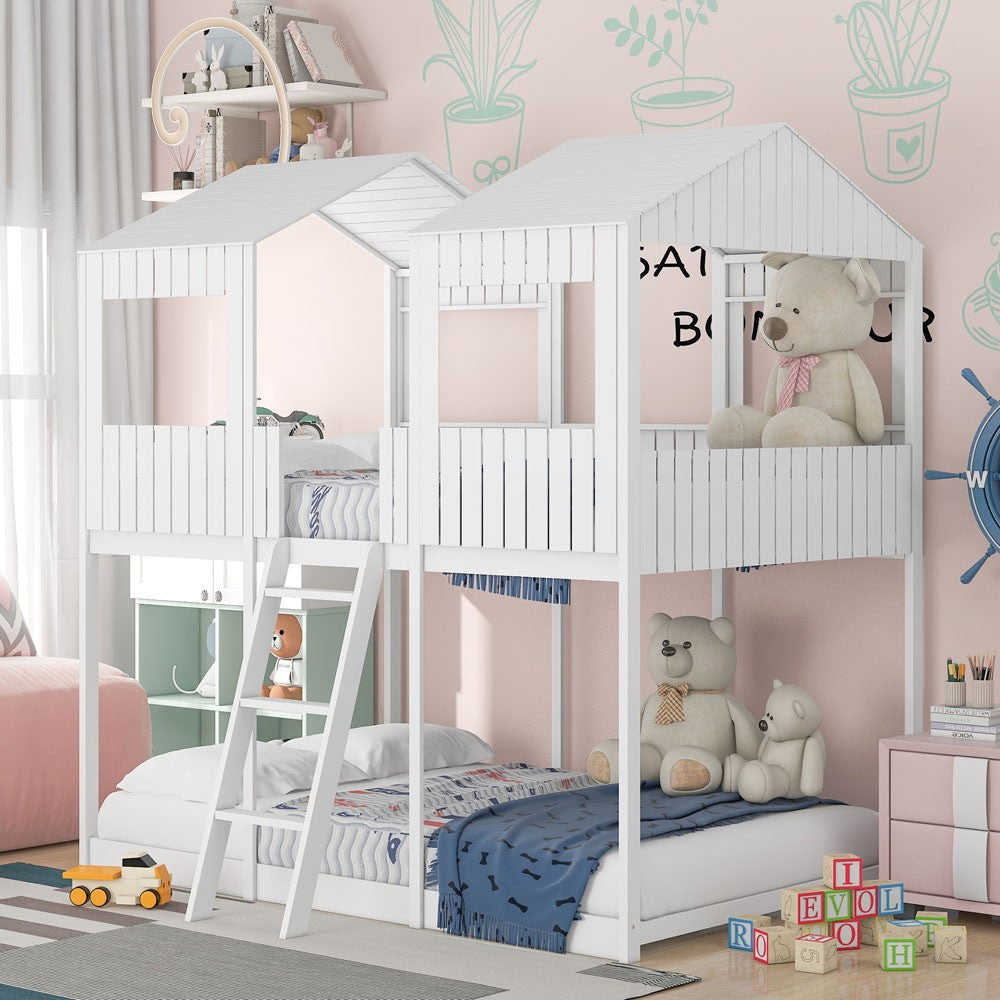 White Twin Contemporary Manufactured Wood + Solid Wood Bunk Bed Image 1