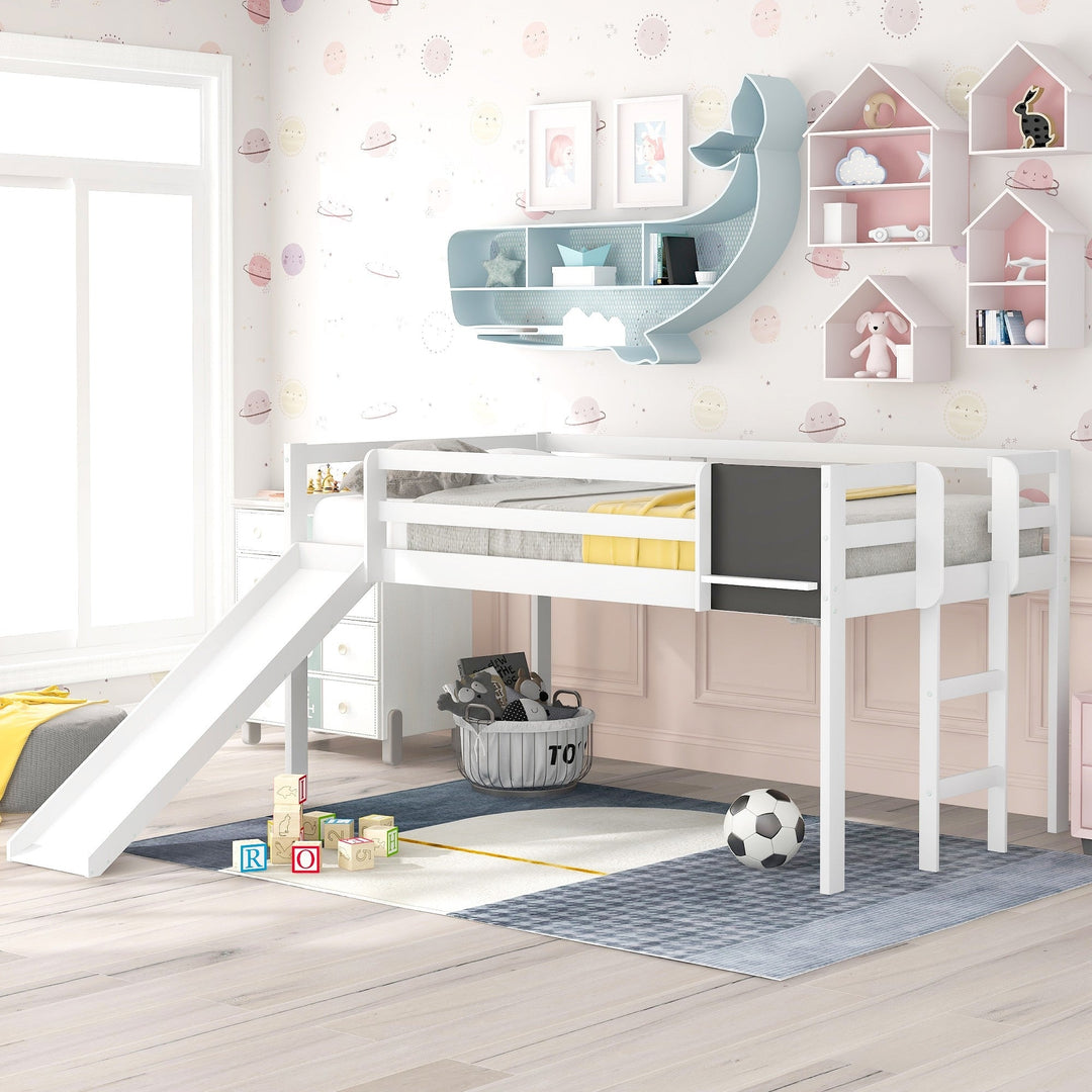 White Twin Loft Bed Bed Chalkboard and Slide Image 1