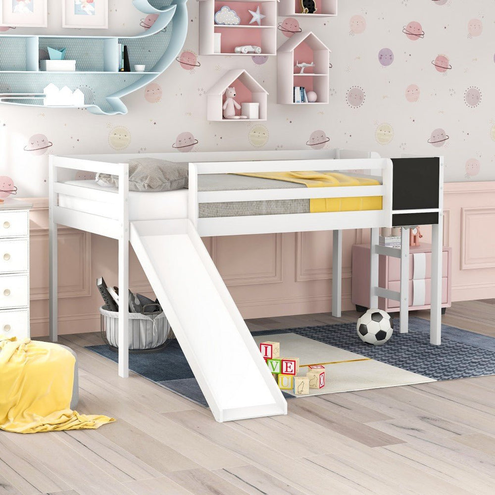 White Twin Loft Bed Bed Chalkboard and Slide Image 2