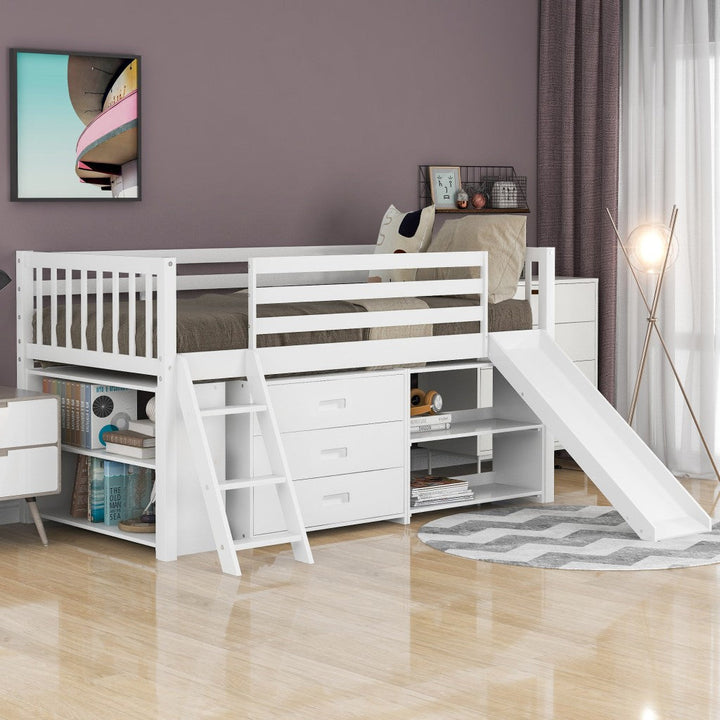 White Twin Loft Bed With Cabinet and Shelves Image 1