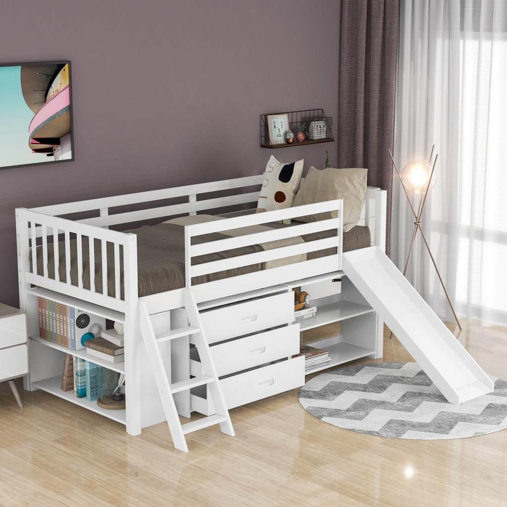 White Twin Loft Bed With Cabinet and Shelves Image 2