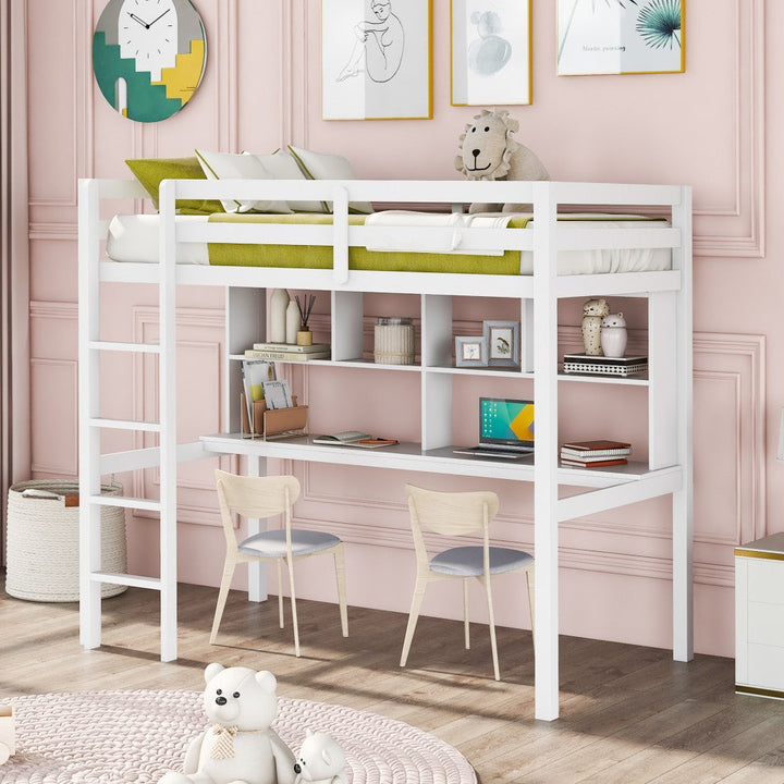 White Twin Loft Bed With Desk and Shelves Image 1