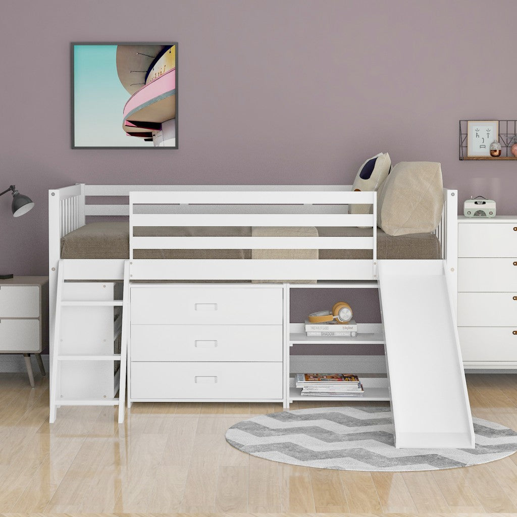 White Twin Loft Bed With Cabinet and Shelves Image 3