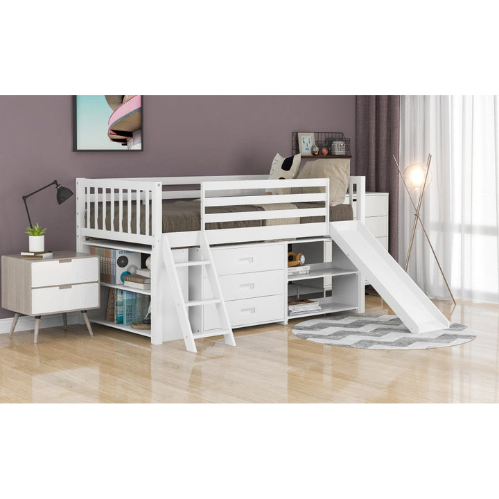 White Twin Loft Bed With Cabinet and Shelves Image 4