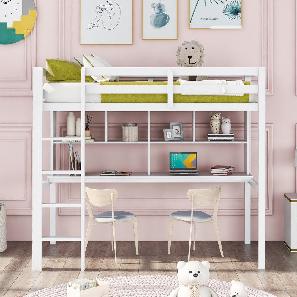 White Twin Loft Bed With Desk and Shelves Image 2