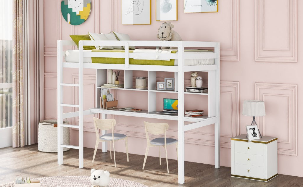 White Twin Loft Bed With Desk and Shelves Image 3