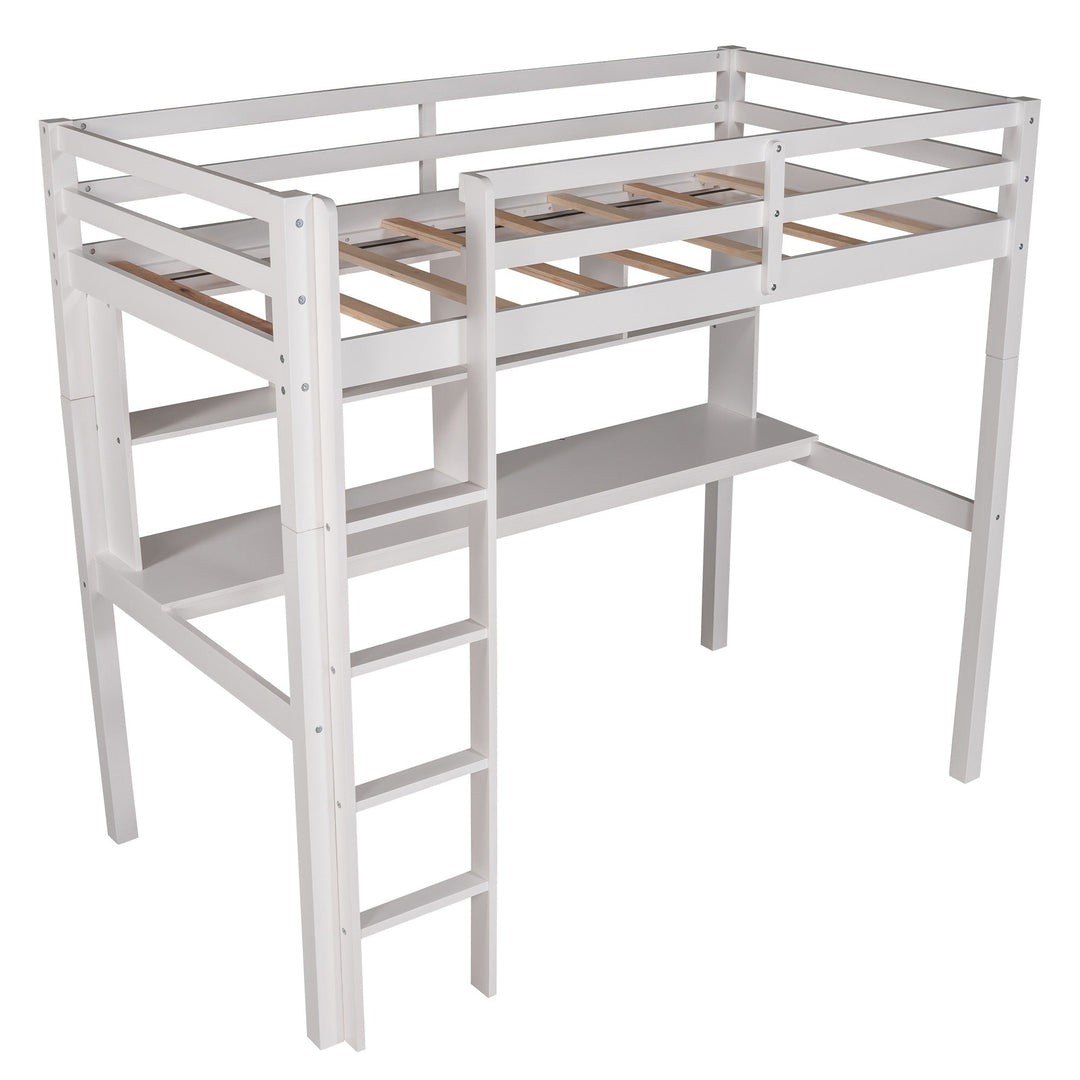 White Twin Loft Bed With Desk and Shelves Image 4