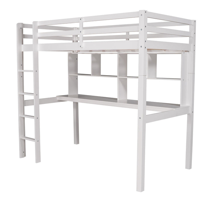 White Twin Loft Bed With Desk and Shelves Image 6