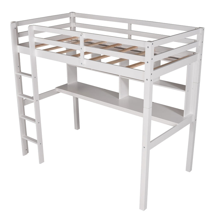 White Twin Loft Bed With Desk and Shelves Image 7