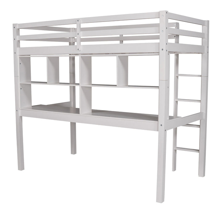 White Twin Loft Bed With Desk and Shelves Image 8