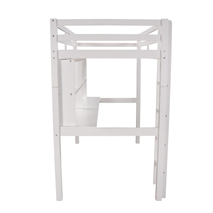 White Twin Loft Bed With Desk and Shelves Image 9