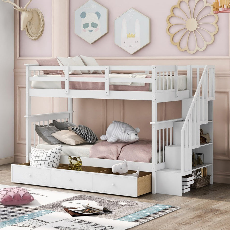 White Twin Over Twin Bunk Bed with Stairway and Drawers Image 1