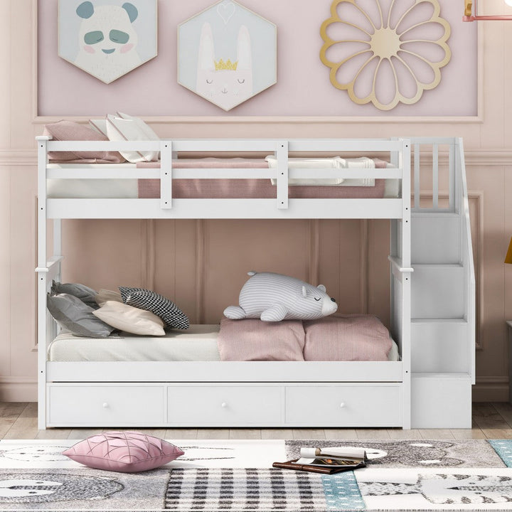 White Twin Over Twin Bunk Bed with Stairway and Drawers Image 2