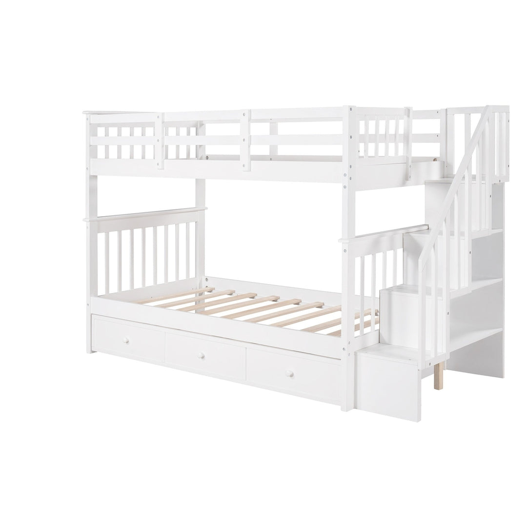 White Twin Over Twin Bunk Bed with Stairway and Drawers Image 3