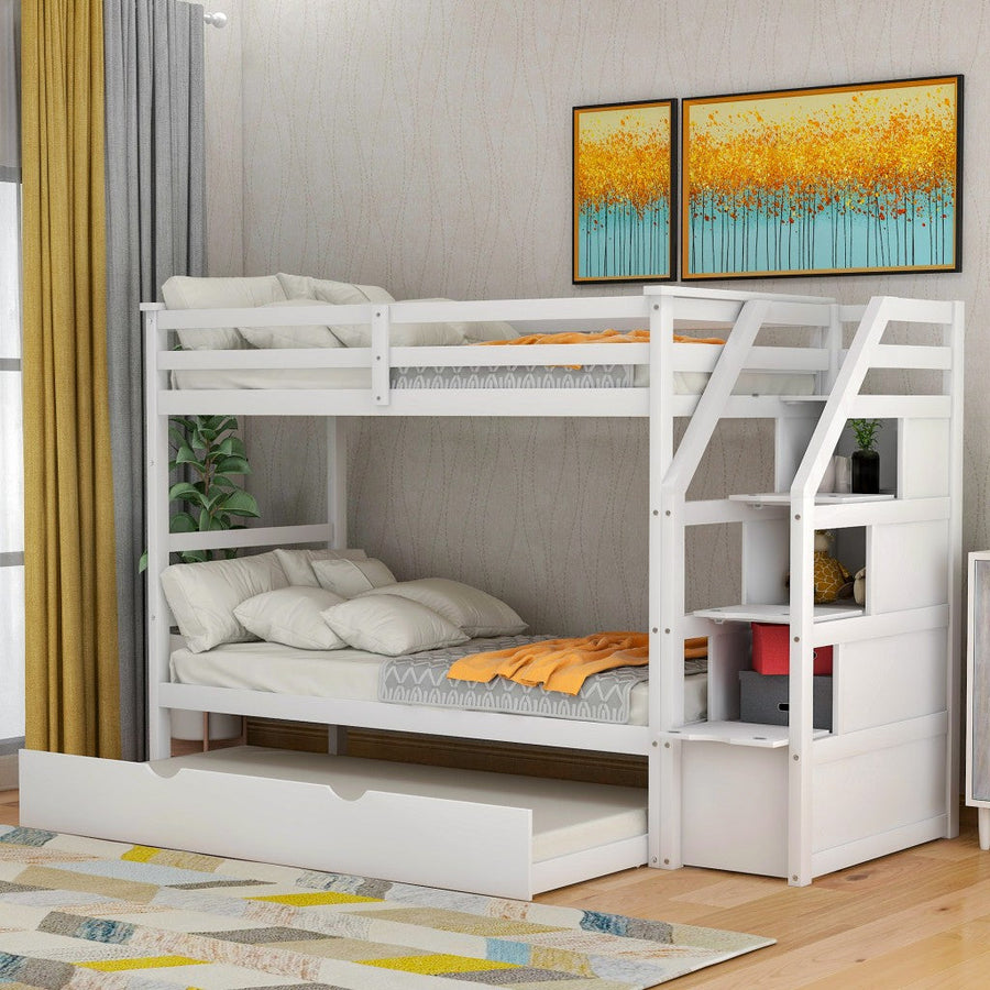 White Twin Over Twin Bunk Bed with Trundle Image 1