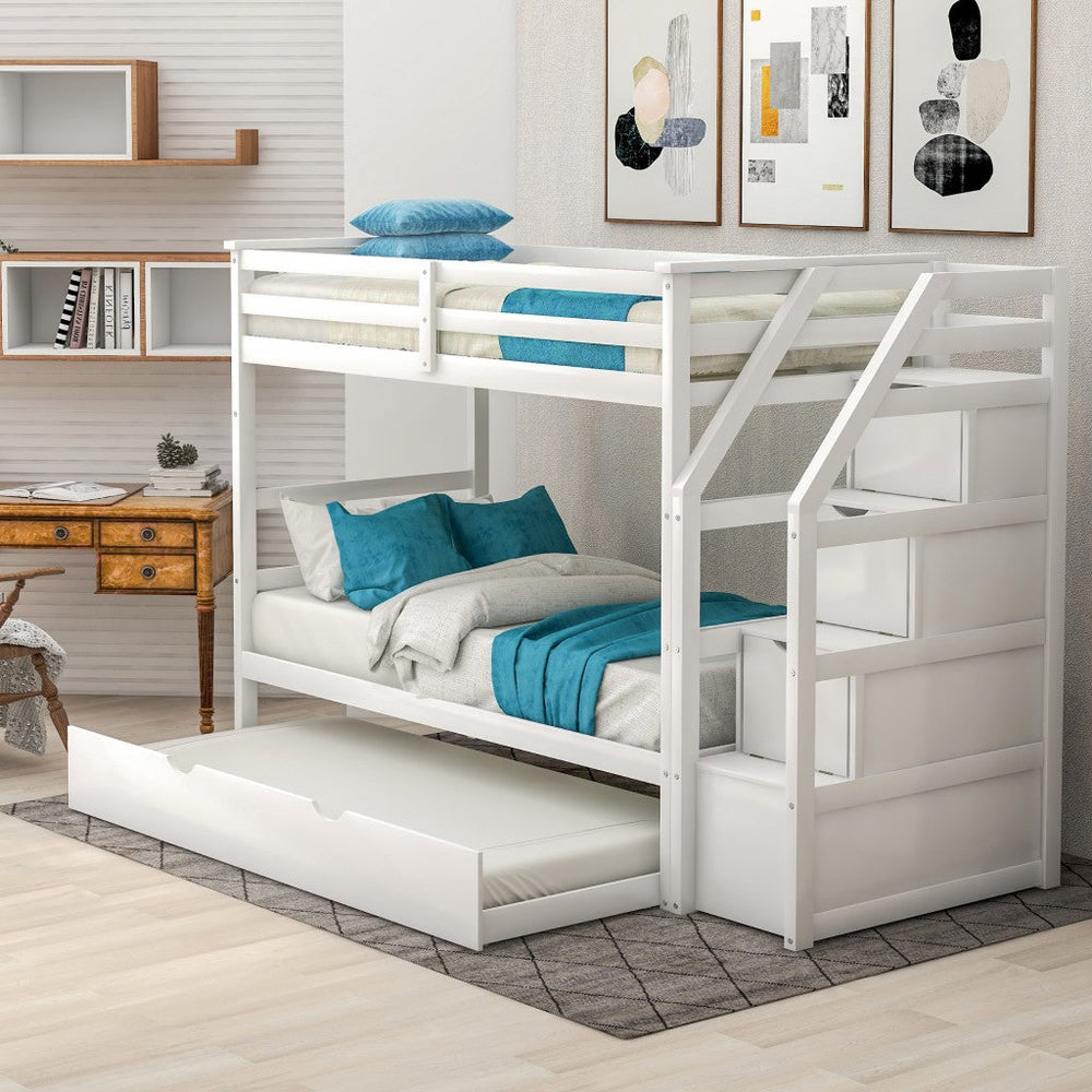 White Twin Over Twin Bunk Bed with Trundle Image 2