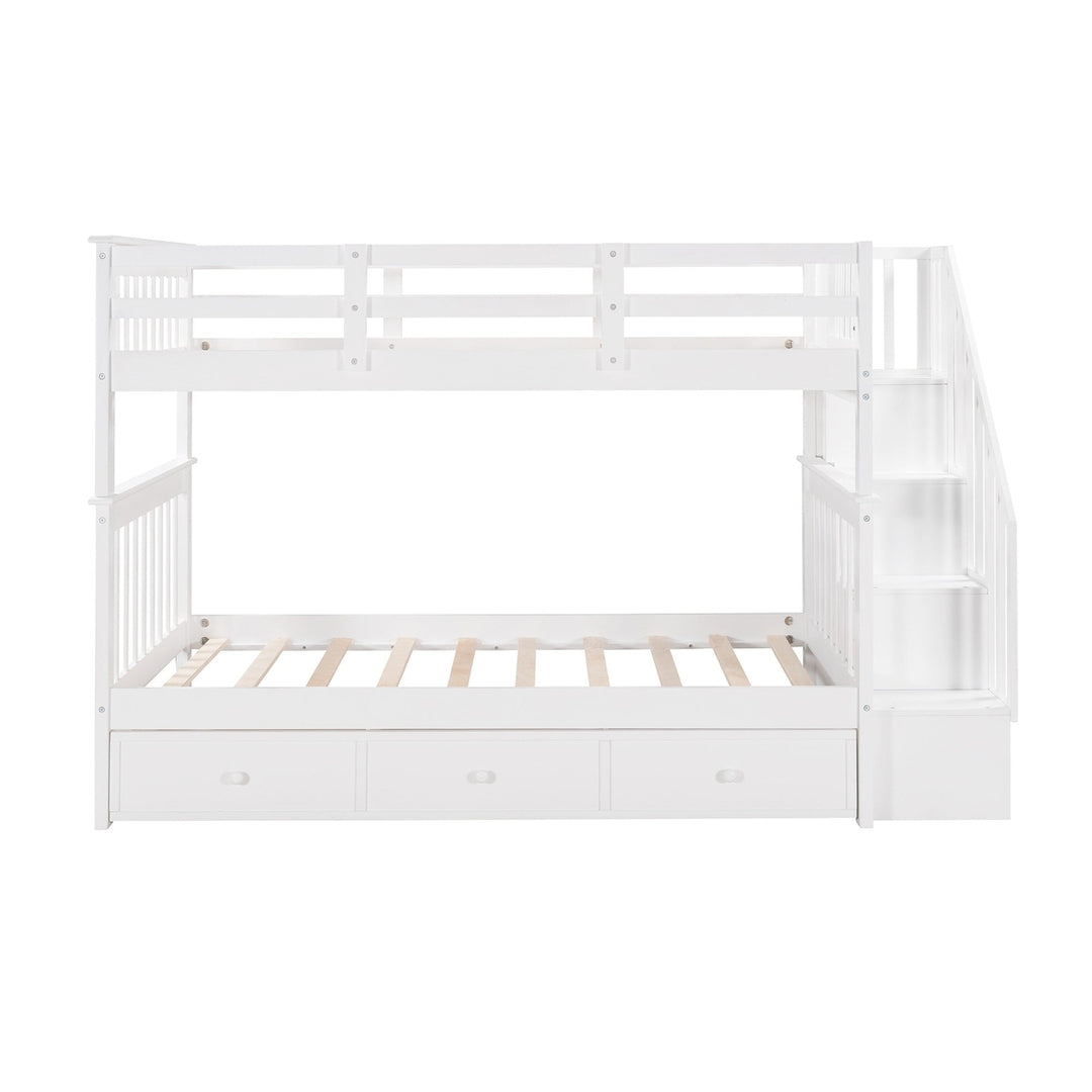 White Twin Over Twin Bunk Bed with Stairway and Drawers Image 4