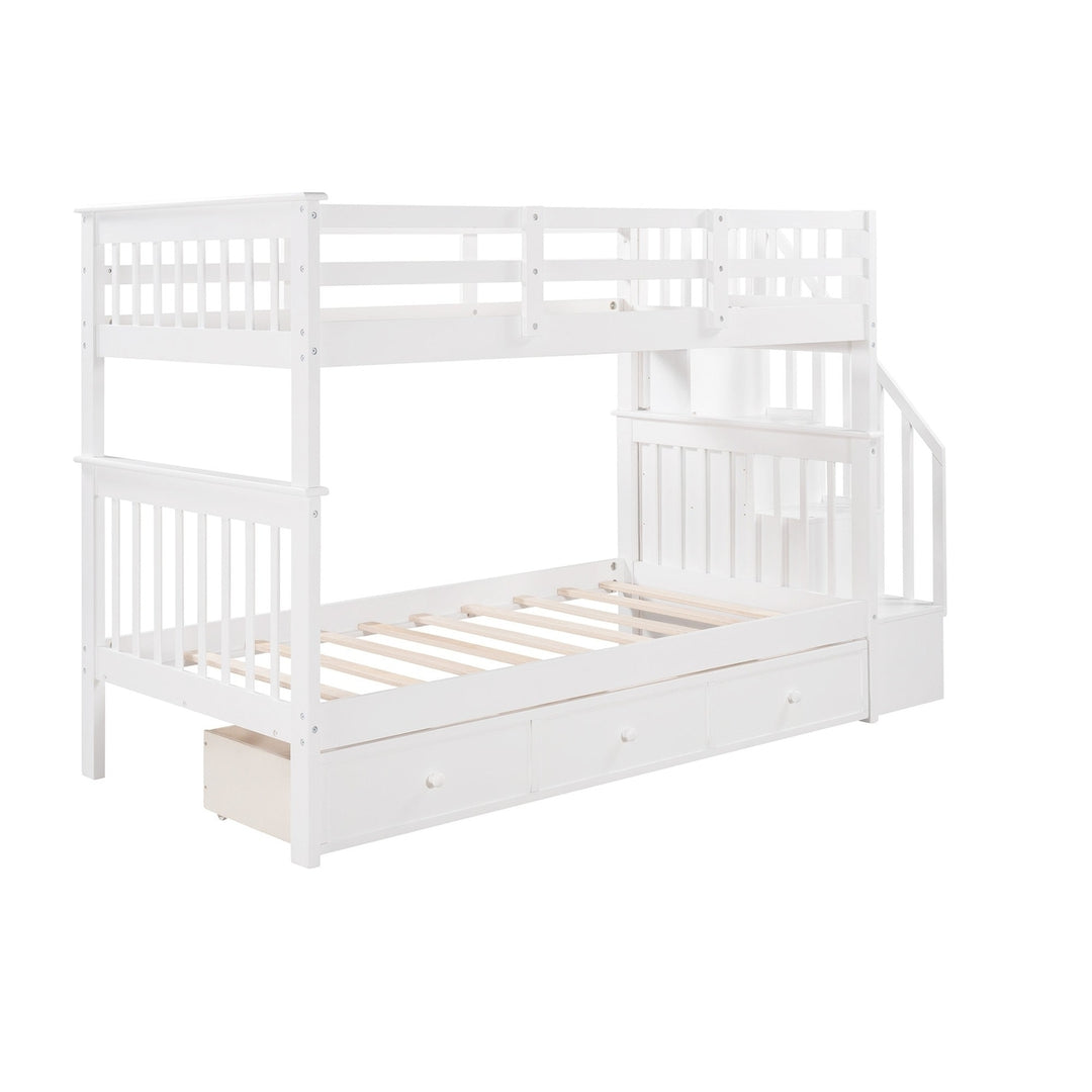 White Twin Over Twin Bunk Bed with Stairway and Drawers Image 5