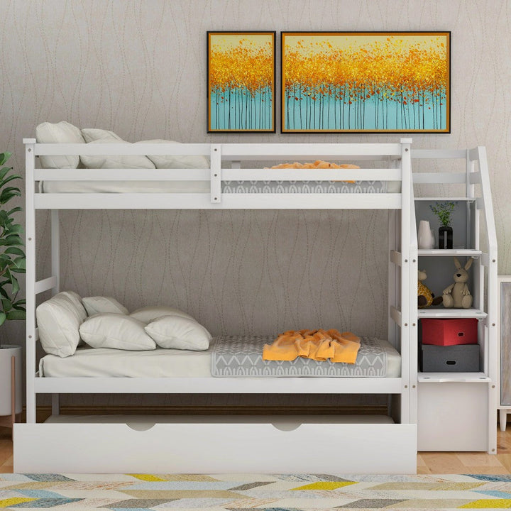 White Twin Over Twin Bunk Bed with Trundle Image 3