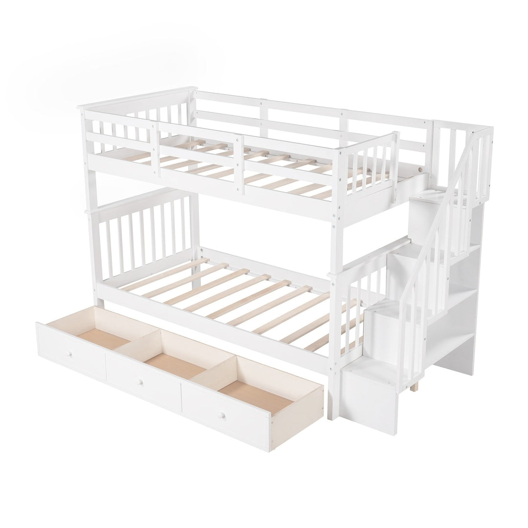 White Twin Over Twin Bunk Bed with Stairway and Drawers Image 6