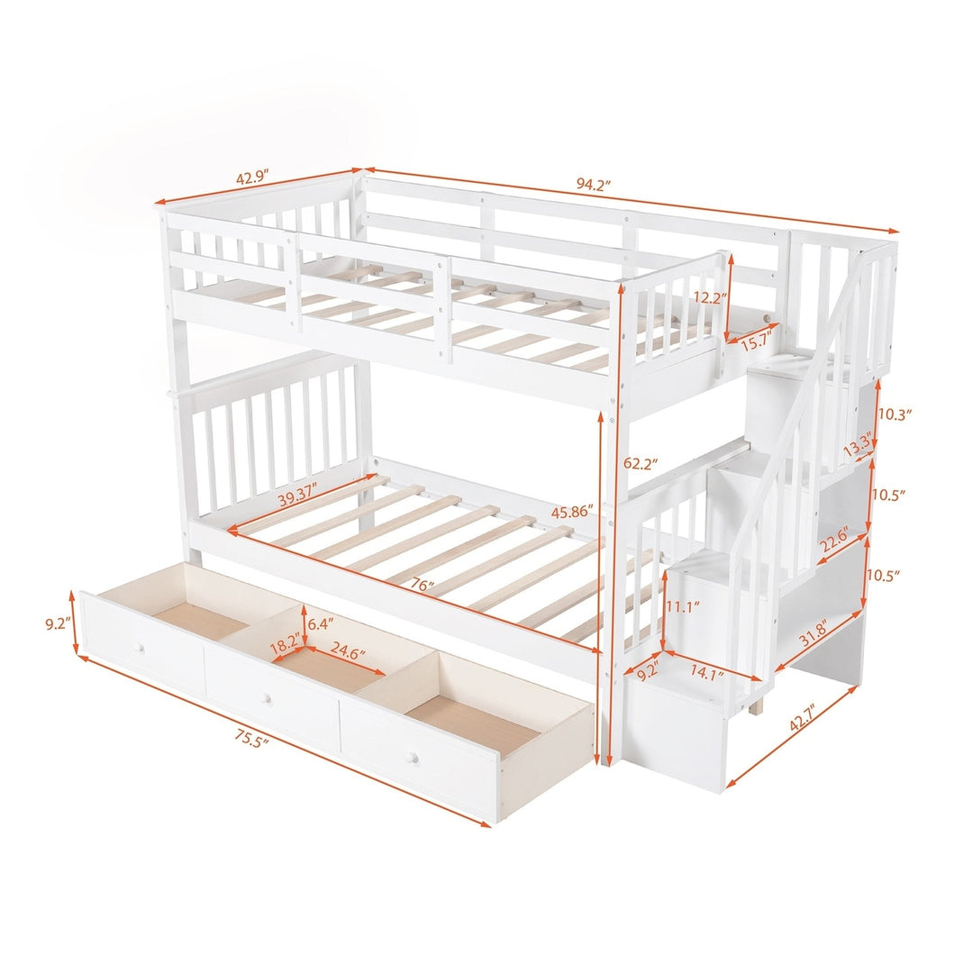 White Twin Over Twin Bunk Bed with Stairway and Drawers Image 7