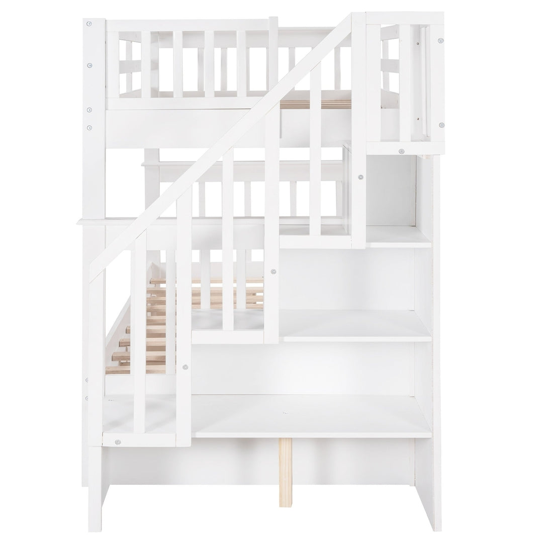 White Twin Over Twin Bunk Bed with Stairway and Drawers Image 9