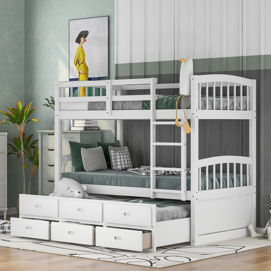 White Twin Over Twin Bunk Bed with Trundle and Drawers Image 1