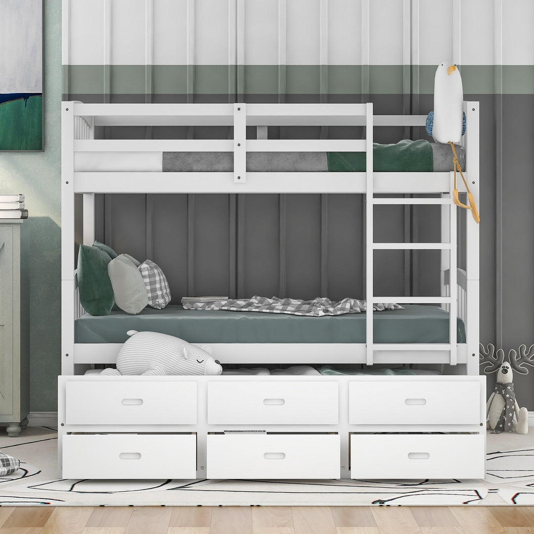 White Twin Over Twin Bunk Bed with Trundle and Drawers Image 2