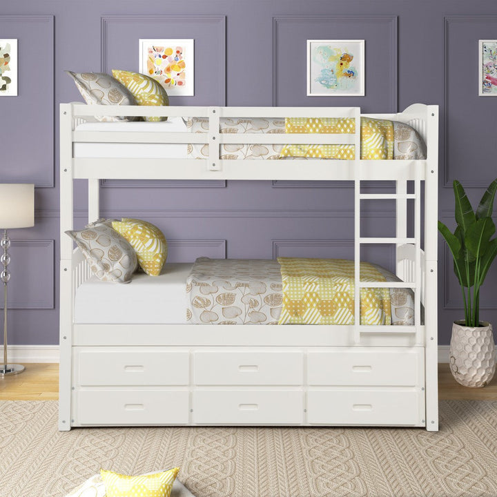 White Twin Over Twin Bunk Bed with Trundle and Drawers Image 4