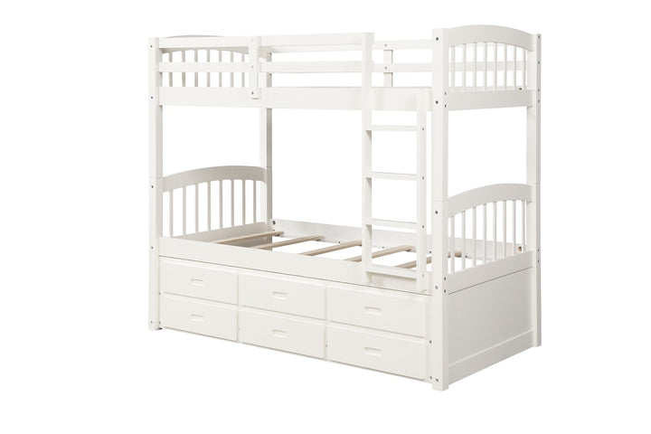 White Twin Over Twin Bunk Bed with Trundle and Drawers Image 5