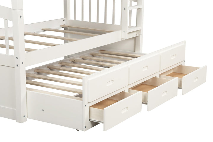 White Twin Over Twin Bunk Bed with Trundle and Drawers Image 8