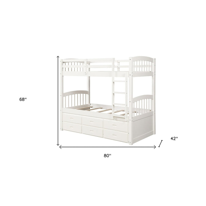 White Twin Over Twin Bunk Bed with Trundle and Drawers Image 9