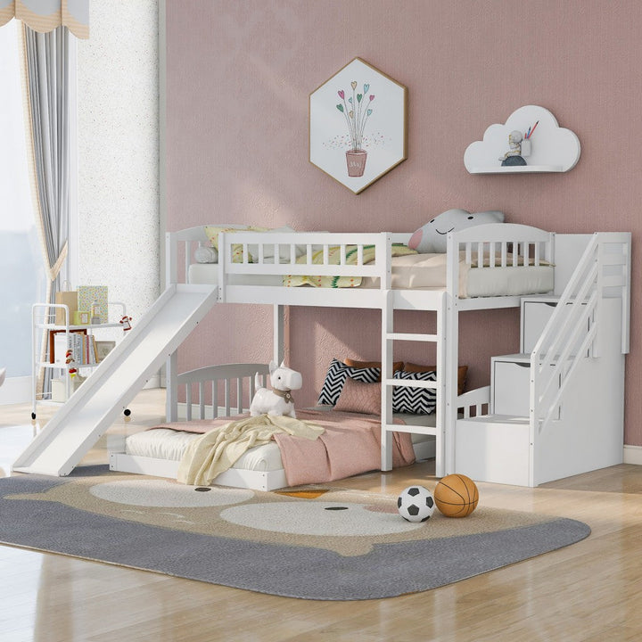 White Twin Over Twin Perpendicular Bunk Bed with Storage Stairs and Slide Image 1