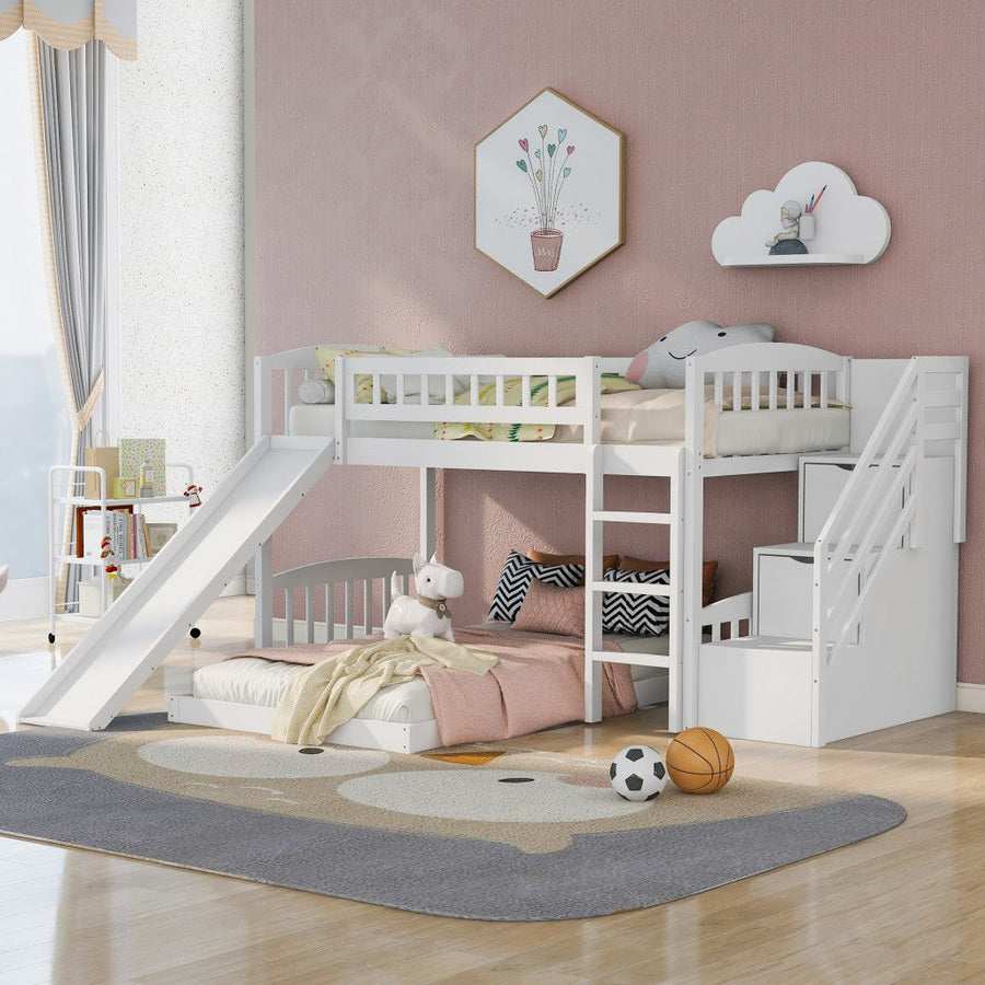 White Twin Over Twin Perpendicular Bunk Bed with Storage Stairs and Slide Image 1