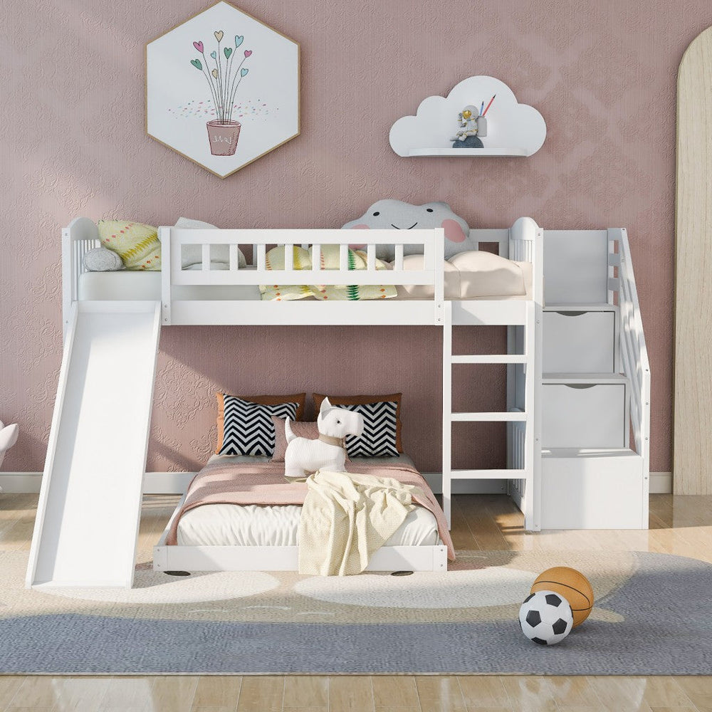 White Twin Over Twin Perpendicular Bunk Bed with Storage Stairs and Slide Image 2