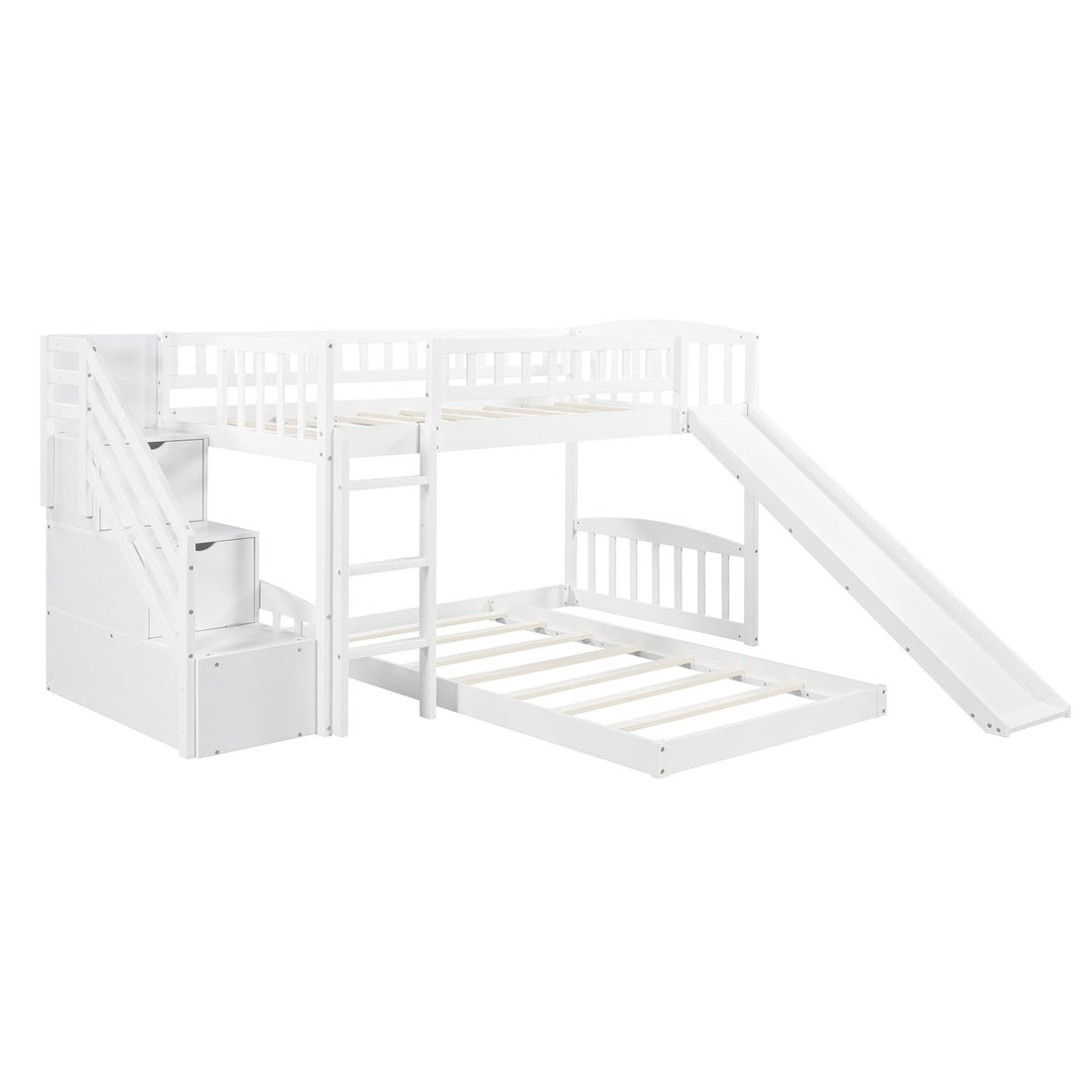 White Twin Over Twin Perpendicular Bunk Bed with Storage Stairs and Slide Image 3