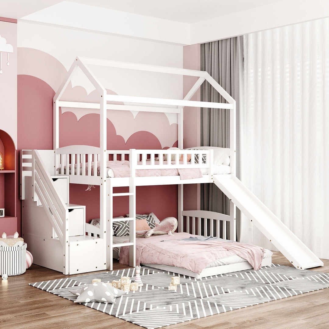 White Twin Over Twin PlayHouse Perpendicular Bunk Bed with Slide Image 1