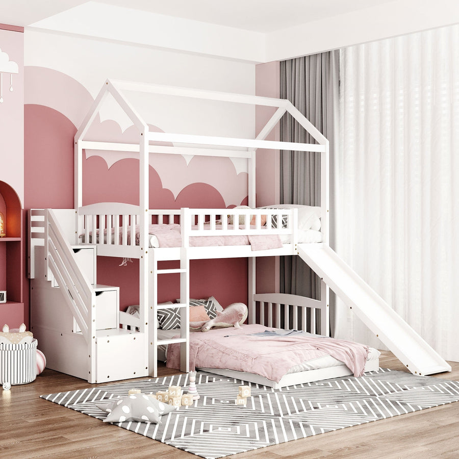 White Twin Over Twin PlayHouse Perpendicular Bunk Bed with Slide Image 1